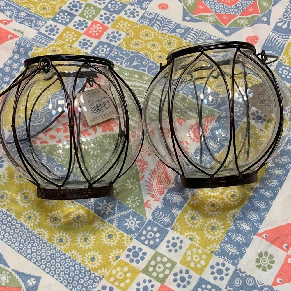 Sonoma Coppery Black Wire Glass Tea Light Holder Lantern Pair